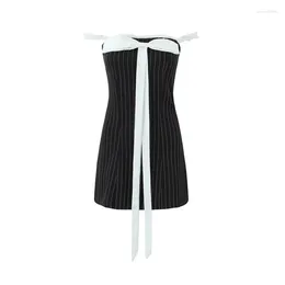 Casual jurken dames off-shoulder krijtstreep bandeau-buis kanten lint mini-jurk strik-tiful in zwart en wit