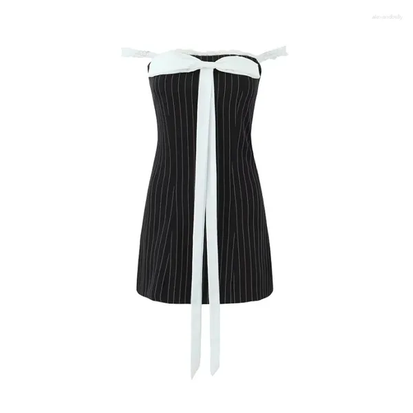 Vestidos casuales Mujeres fuera del hombro Pinstripe Bandeau Tube Lace Ribbon Mini vestido Bow-tiful en blanco y negro