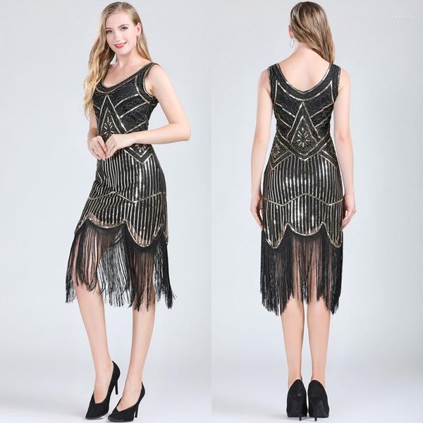 Vestidos casuales Vestido de fiesta para mujer Años 20 Gran Gatsby Flapper Cuello en V Sin mangas Adornado Lentejuelas Con cuentas Vestidos con flecos