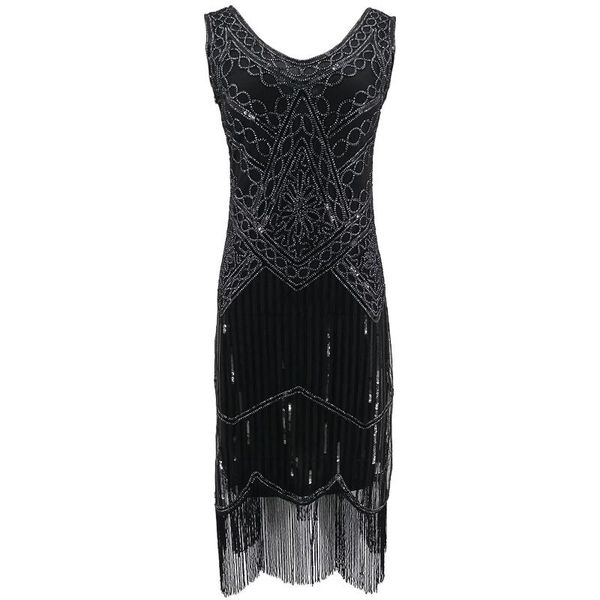 Vestidos casuales de fiesta de fiesta para mujeres túnica Charleston 1920 Great Gatsby Flapper Lectin Fringe Midi Vestido Summer Retro Black Dressual