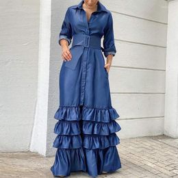 Casual jurken dames feest maxi jurk 2022 Vonda lente vakantie vintage revers met lange mouwen revers button down ruffed vestidos gewaad femme