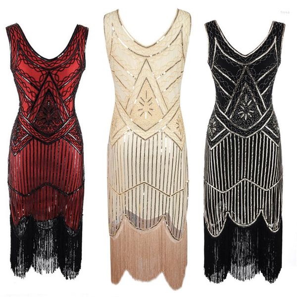 Vestidos casuales Mujeres Vestido de fiesta con borlas 1920 S Gran Gatsby Flapper Vestidos Lentejuelas Cuentas Fringe Noche Cuello en V Sin mangas con flecos