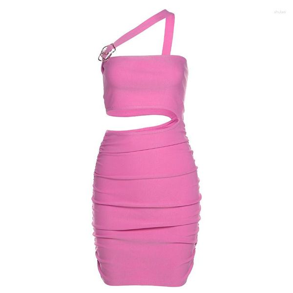 Vestidos casuales Mujer Rosa Altura Cintura Grupa Falda Chica joven Color sólido Moda Ahueca hacia fuera Vestido de hombro inclinado Sexy Tight Backless