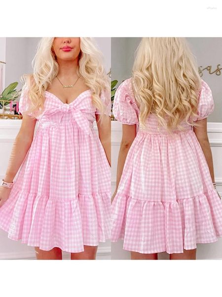 Vestidos casuales Mujeres Pink Princess Vestido Puff Manga corta Barco Cuello A-Line Mini Plaid Imprimir Fiesta Ruched