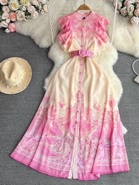 Robes décontractées femmes rose imprimé robe longue été à manches courtes simple boutonnage soirée dames mince a-ligne robe