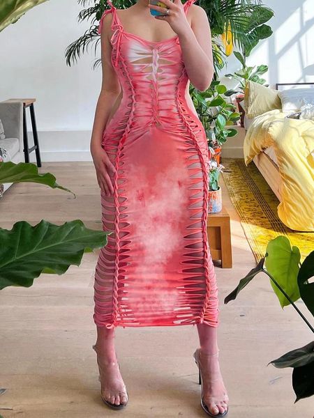 Vestidos casuales Mujeres Pink Tie Dye Print V Cuello Midi Vestido Resbalones Vendaje Sin respaldo Recorte irregular Sexy Slim Summer Trajes Holiday Sundress