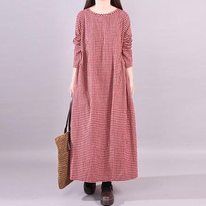 Casual jurken vrouwen plaid los maxi jurk lange mouw ruches vintage lente zomer pastel katoen plus maat kleding zwart rood