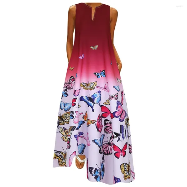 Vestidos casuales para mujeres estampado de mariposa de talla plana mangas sin mangas vintage boho v neck maxi vestido nocturno verano de mujeres sueltas