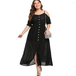 Casual jurken vrouwen plus maat koude schouderknop asymmetrische maxi jurk spaghetti riem vast dagelijkse zomerstrand