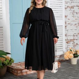 Casual Jurken Vrouwen Plus Size Jurk Herfst Ronde Hals Uitlopende Mouwen Verstoorde Zoom Overlay Kantoor Dame Valse Tweedelige Midi