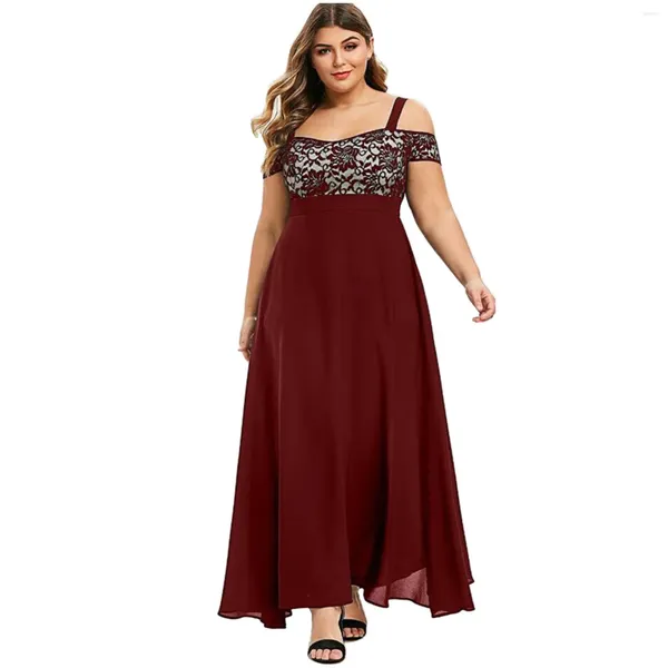 Robes décontractées Femmes Plus Taille Robe Mode Élégante Épaule froide Floral Dentelle Patchwork Maxi Party Banquet Soirée Camis Longue