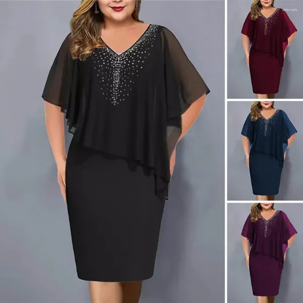 Robes décontractées Femmes Plus Taille Mini Robe Col V En Mousseline De Soie Paillettes Couleur Unie Manches Chauve-Souris Asymétrique Robes Mujer 2023