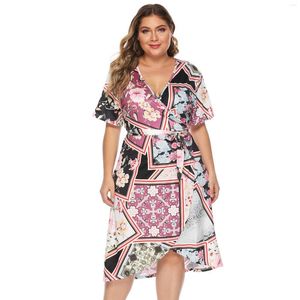 Casual jurken Women Plus Size V Neck Hepburn Vintage Dress met riem bloemen bedrukte korte mouwen A-lijn feest vrouwelijke kleding