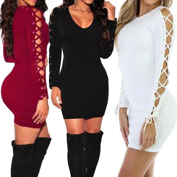 Vestidos casuales Mujeres Premium Vendaje Lace Up Detalle lateral Vestido ajustado Remache Criss Cross Patchwork Tight