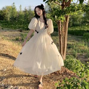 Robes décontractées Femmes Princesse Mousseline College Robe Vintage Vêtements Junior High School Graduation Party Long Sweet Bubble Sleeve Beige