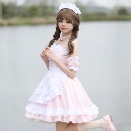 Vestidos casuales Mujeres Princesas Pink Dress Anime Coffee Coffee Maid Uniforme Lolita Escuela Estudi