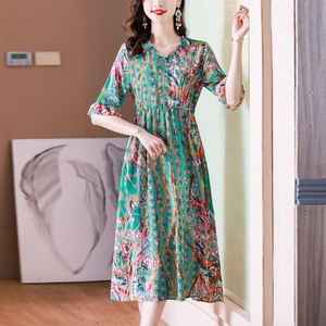 Casual jurken vrouwen print zijden satijn v-neck sexy midi jurk Korean vintage hepburn feestjurk lente zomer elegante bodycon night jurk 230505