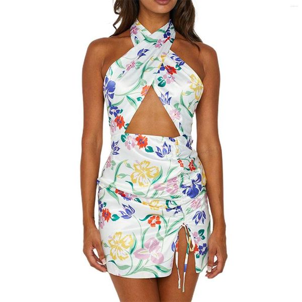 Robes décontractées femmes robe imprimée croix sangle cou cintre découpé Floral fendu cuisse longue pour l'été