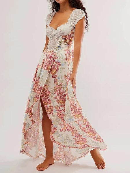 Vestidos casuales Mujeres mono impreso con vestido largo de encaje Estampado floral Corsé sin espalda Fiesta Falda dividida Cóctel Traje de calle de verano