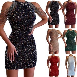 Robes décontractées femmes vêtements de bal licou Sequin Cocktail Sexy cristal frangé gaine paillettes robe pour Femininos Mini