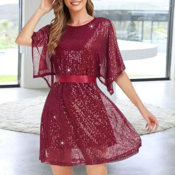 Robes décontractées femmes robe de bal demi-split manches chauve-souris col rond paillettes brillantes double couche ceinturée serrée douce club fête dame mini