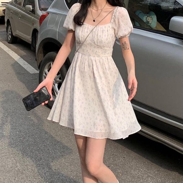 Vestidos casuales Mujeres Puff manga Sundress Hollow Out Floral Design Korean Style College Lovely Simple Trendy Summer Vestidos