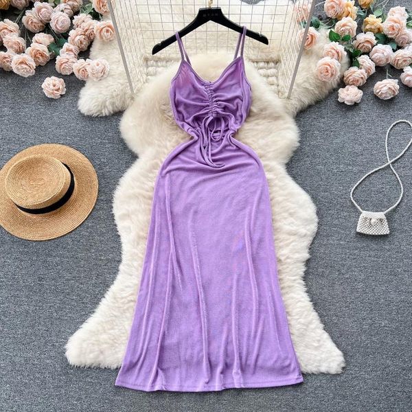 Robes décontractées Femmes Violet Été Jarretelle Maxi Robe Sexy Spaghetti Sangle V Cou Cordon Ruché Creux Sans Manches Une Ligne Plage