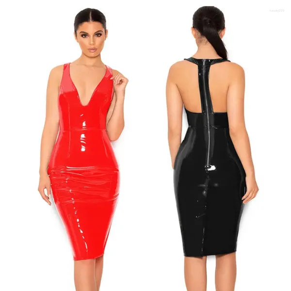 Vestidos casuales Mujeres PVC Vestido de cuero brillante Sin mangas con cuello en V Back Zip Tight Sexy Traje de motocicleta S-6XL