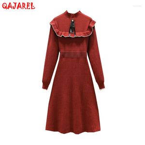 Casual Jurken Vrouwen Rode Gebreide Katoenen Dikke Warme Midi Jurk Herfst Winter Zwart Koreaanse Vintage Hepburn 2023 Elegante Avond