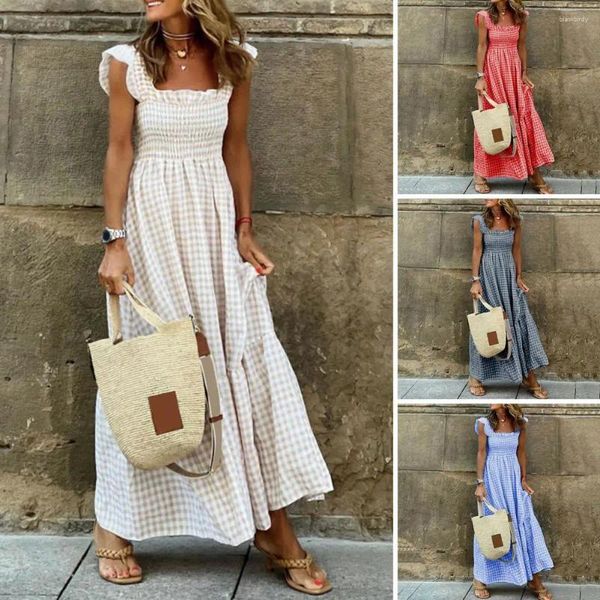 Robes décontractées Femmes Robe rétro Collier carré sans manches élastiques enveloppe élastique Rouffle grand ourlet Plaid Print Sling Maxi