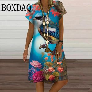 Casual jurken vrouwen retro bloem print jurk zomer mode papegaai patroon korte mouw midi straat v-neck plus size sundress