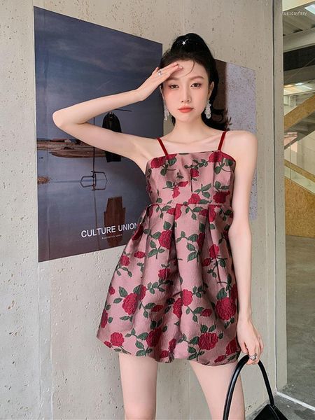 Vestidos casuales mujeres rosa impresión vino tinto vestido de resbalón estilo corto cintura alta una línea slim fit slash cuello 2022 verano ropa femenina B228