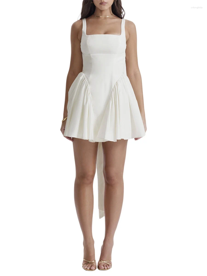 Examen klänningar avslappnade klänningar vit miniklänning kvinnor rufs vit fairy lågklipp spaghetti rem aline flytande kort sundress