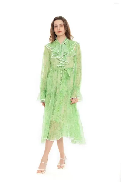 Robes décontractées Femmes Col à volants Flare à manches longues Boutons de soie imprimées à manches vertes Green Flower