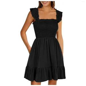 Casual jurken vrouwen gegolfd Suspender zwarte jurk vierkante nek mouwloze backless een lijnlaag geplooDed boho middelste lengte