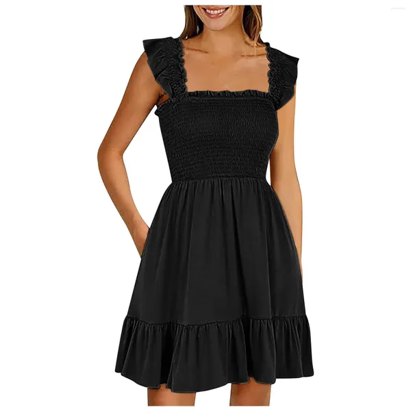 Vestidos casuales Mujeres Vestidos negros de suspensor con volantes Cuello cuadrado sin mangas sin espalda Una capa plisada boho longitud de longitud