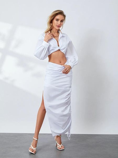 Vestidos casuales Trajes de falda de 2 piezas para mujer Blusa de camisa corta de manga larga con conjunto de abertura alta