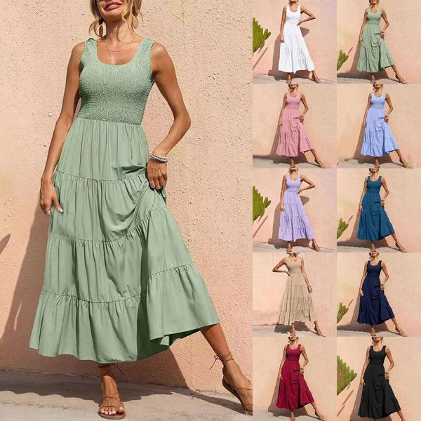 Robes décontractées Femmes 2023 Loose Plain Maxi Sundress Smocké Tank Robe sans manches Summer Beach Tiered Long pour