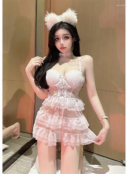 Vestidos casuales de mujer 2023 verano estilo dulce Sexy chica picante cintura delgada retracción pastel princesa encaje transparente Sling Mini vestido NG7Q