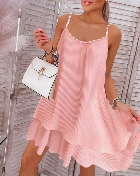 Vestidos casuales Mujer 2023 Sweet Layered Pearls Strap Plisado Moda Daily Spaghetti Mini Vestido Ropa de verano