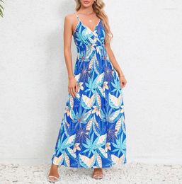 Robes décontractées Femmes 2024 Spring Long Sling Boho Floral Print Summer Col V Sans manches Taille haute Party Beach Maxi Dress