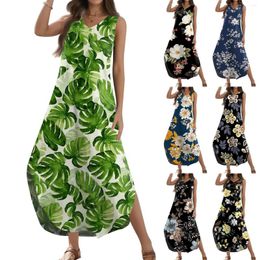 Robes décontractées pour femmes 2024 Summer Sundress de la robe longue robe imprimée florale Sans manches V Shirt Split Split Vestidos Femenino