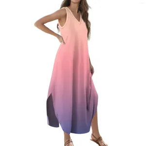 Vestidos casuales para mujeres 2024 Summer Summer Flow Dress Long Impresión sin mangas V Cuella dividida Maxi Fashionable Simple