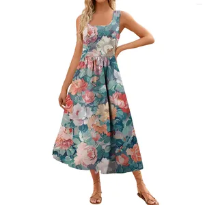 Casual Jurken Dames 2024 Zomer Maxi-jurk Bloemenprint Mouwloos Vierkante Hals Zwierig Lang Strand Elegante Tank Overgooiers Zakken