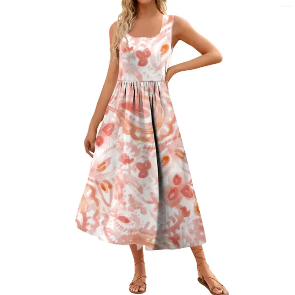 Vestidos casuales Mujer 2024 Vestido maxi de verano Estampado floral Sin mangas Cuello cuadrado Flowy Long Beach Elegante Tanque Sundresses con bolsillos