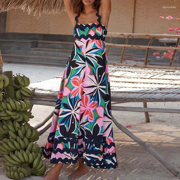 Vestidos casuales para mujeres 2024 Summer sin mangas sin mangas Bohemio Floral Impresión Fluyendo Vestido Maxi Vacaciones de playa