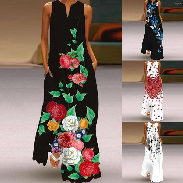 Vestidos casuales Mujeres 3D Cara Impresión Otoño V-Cuello Manga larga Relajado Elegante Chic Flor Vintage Maxi Vestido Vestidos De Mujer