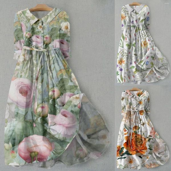 Robes décontractées Art Floral Print Bouton à manches longues Mid Long Loose Linet Hem Drape Robe Womens Swing