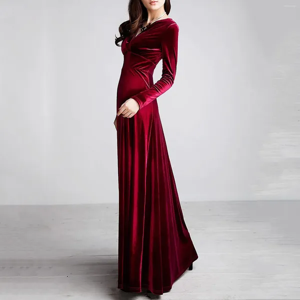 Robes décontractées Femmes Automne et hiver Velours doré Col en V Couleur unie Robe de soirée à manches longues Robe de soirée élégante Tenues Rouge