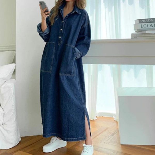 Robes décontractées Femmes Automne Manches longues Denim Chemise Robe Bouton Poche Jeans Lâche Femme Streetwear Cowboy Robe Midi